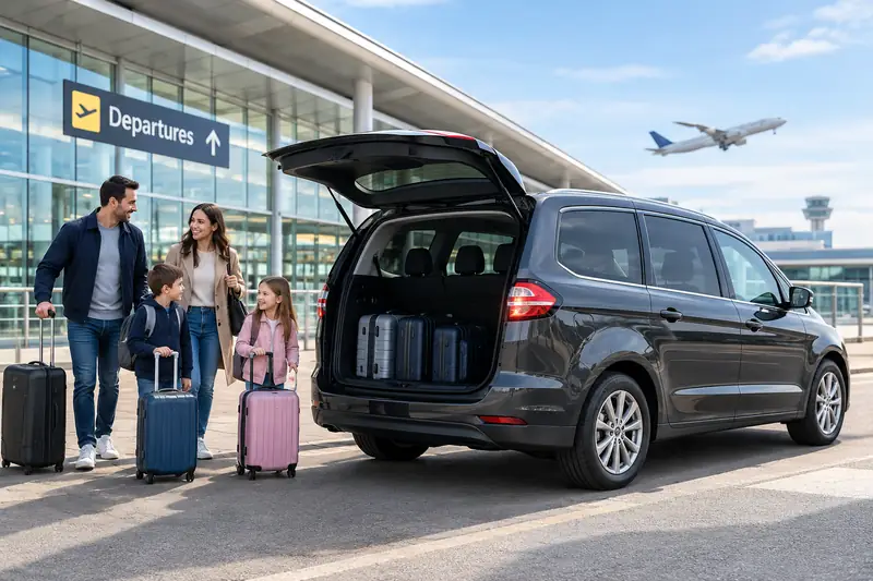 Family with suitcases beside a 6 seater MPV at airport departures
