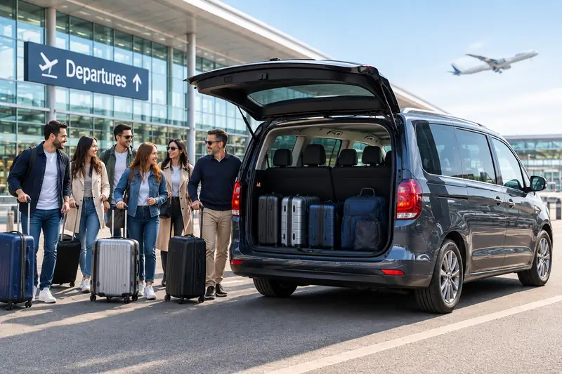 Group of seven travellers with luggage beside a people carrier at airport departures