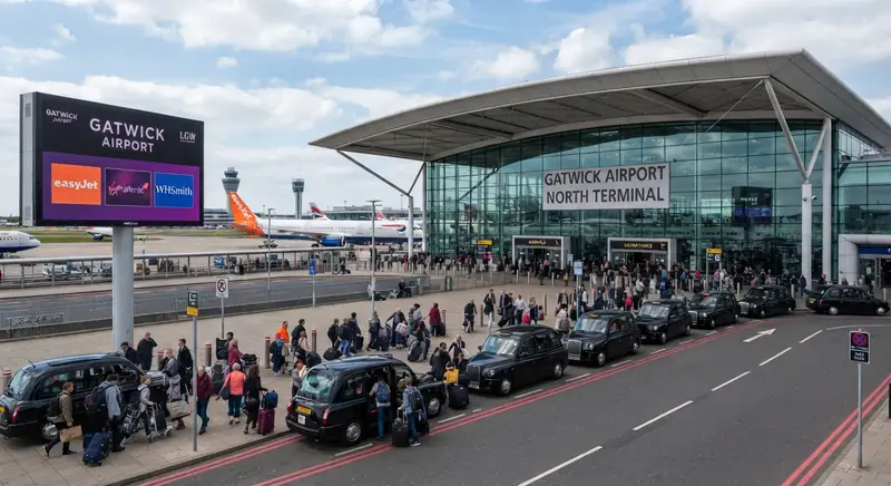 Taxis and passengers outside Gatwick North Terminal