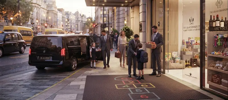 Driver meeting children and parents beside a black people carrier